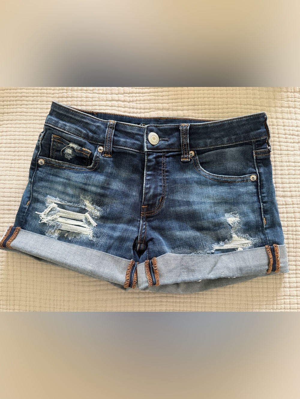 American Eagle Outfitters Dark Blue Distressed Rolled Cuff Denim Shorts